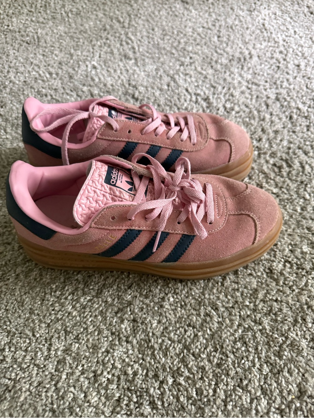 Platform adidas Pink Suede gazelles with Navy Stripes and Gum Sole